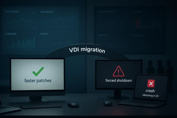 VDI migration screen shows faster patches on monitors, contrasting with a forced shutdown crash message.