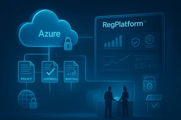 Blue cloud-security illustration showing Azure with lock, policy controls, audit trail, and RegPlatform dashboard.