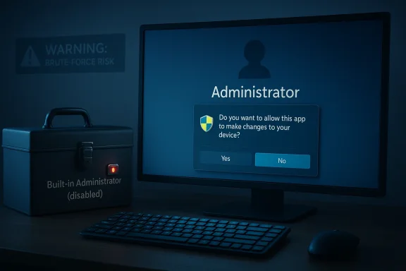 Administrator prompt appears on a monitor with a warning about brute-force risk and a disabled admin tool box.