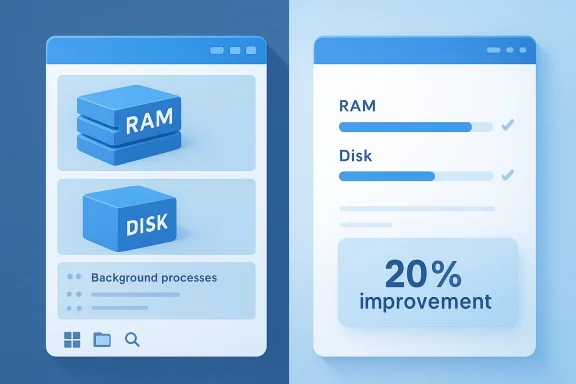 Split-screen UI showing RAM and Disk loading bars with a “20% improvement” progress panel.