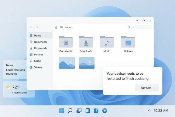 Windows desktop showing File Explorer with a restart prompt: “Your device needs to be restarted to finish updating.”