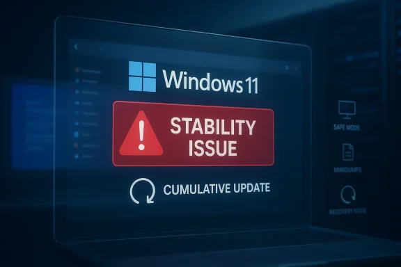 Windows 11 update screen showing a “Stability Issue” warning.