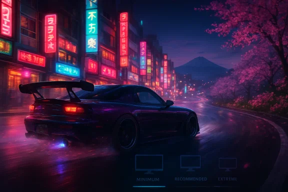Neon-lit Tokyo night street with a purple sports car drifting past glowing Japanese signs and cherry blossoms.