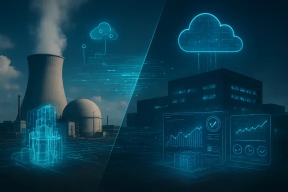Futuristic nuclear plant with holographic data displays and a glowing cloud network icon in the sky.
