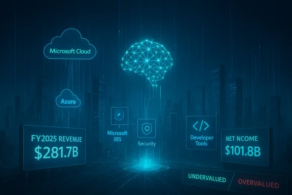 Futuristic Microsoft Cloud and Azure data visualization with an AI network brain over a city skyline.