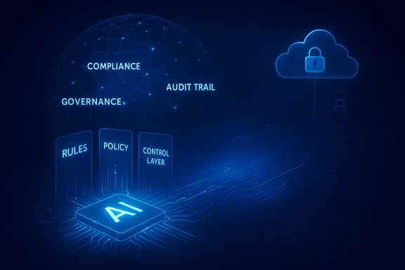 Blue cyber security concept showing compliance, governance, audit trail, and cloud lock over circuit lines.
