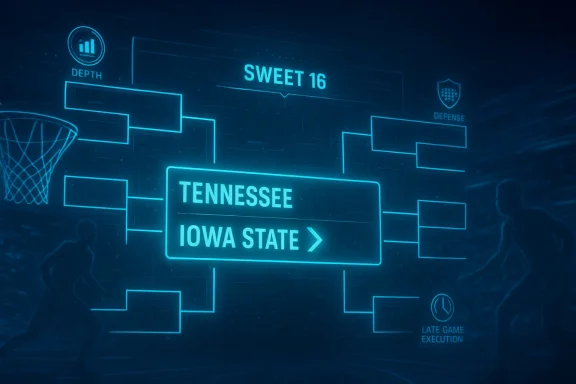 Blue futuristic bracket graphic showing “TENNESSEE” vs “IOWA STATE” in a Sweet 16 matchup.