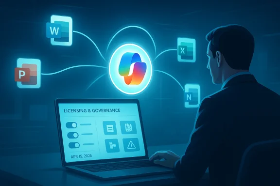 A security analyst with a laptop shows “Licensing & Governance” connected to Word, Excel, PowerPoint icons.