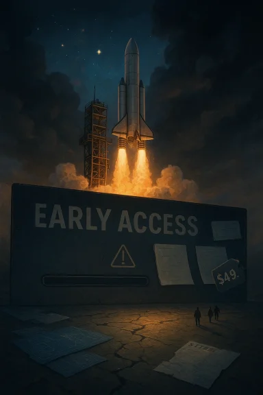 A rocket blasting off at night beside a sign reading “EARLY ACCESS.”