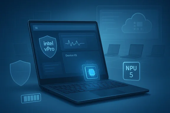 Blue futuristic laptop display showing Intel vPro security, Device IQ, and NPU 5 branding.