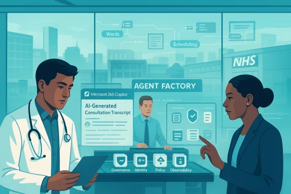 Illustration of an NHS doctor and patient using an AI “Agent Factory” screen with governance tools.