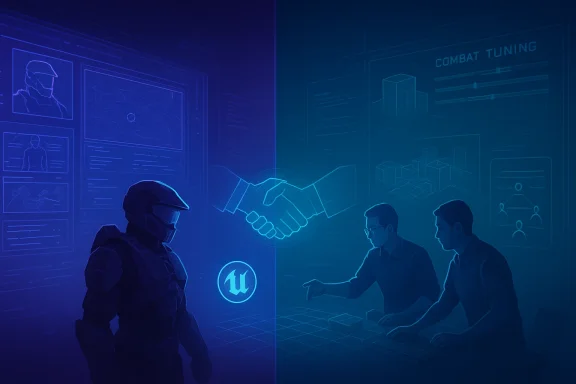 VR negotiation scene with two soldiers in a neon-blue HUD, shown handshaking behind glass screens.
