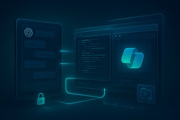 Futuristic blue neon dashboard with layered windows, lock icon, and ChatGPT-style logo.