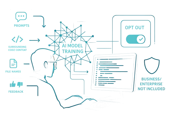 Teal digital illustration shows “AI model training” with network nodes and an “OPT OUT” interface.