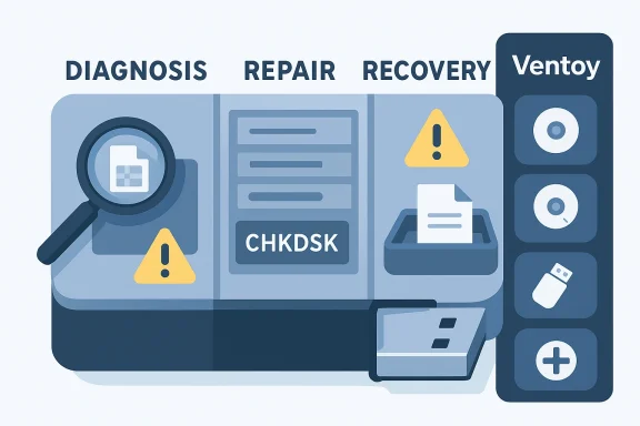 Illustration of a computer with “Diagnosis Repair Recovery” and a “Ventoy” panel showing warnings and CHKDSK.