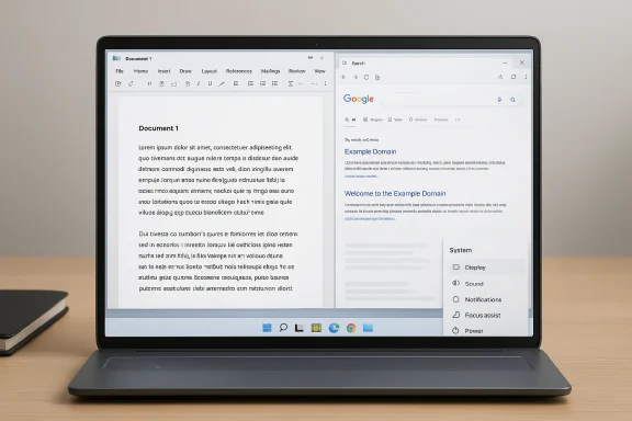 Laptop screen shows a Word document alongside a Google search results page.