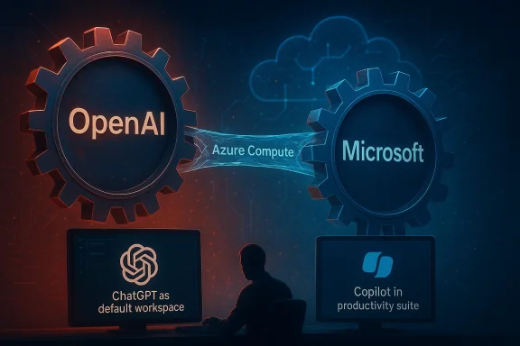 Futuristic split UI graphic showing OpenAI and Microsoft connected via Azure and Copilot.
