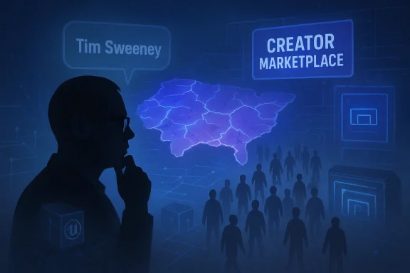 Silhouetted man and global network map with “Tim Sweeney” and “Creator Marketplace” signage in blue.