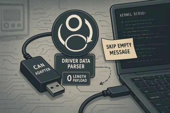 CAN bus driver data parser with empty message and kernel debug interface near a laptop.
