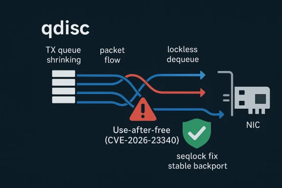 Network diagram showing aqdisc vulnerability—use-after-free (CVE-2026-23340) with seqlock fix and NIC.