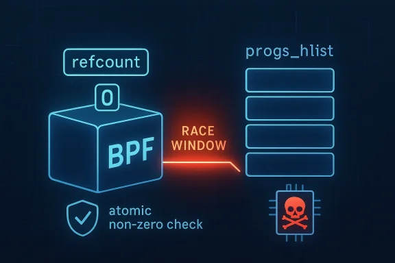 Diagram showing BPF loading via a race window, with refcount and atomic non-zero check on a dark grid.