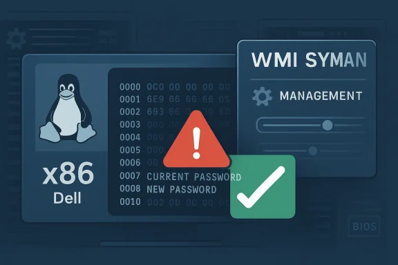Cybersecurity warning with an error triangle over a Dell BIOS/admin password screen.