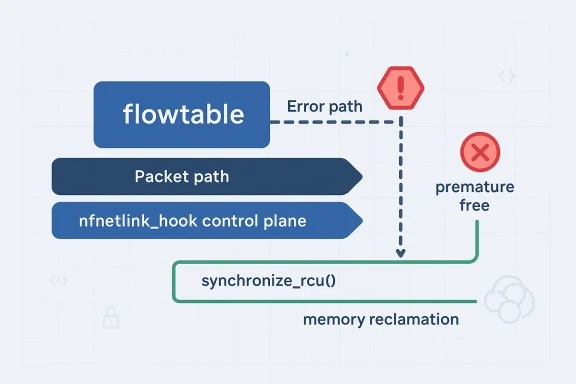 Diagram showing a flowtable packet path leading to an error path with “premature free” and memory reclamation.