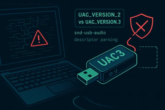 Diagram showing USB audio UAC version 2 vs 3 with a warning shield and laptop.