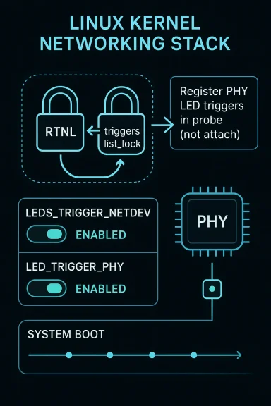 Diagram shows Linux kernel networking stack using PHY LED triggers and system boot flow.