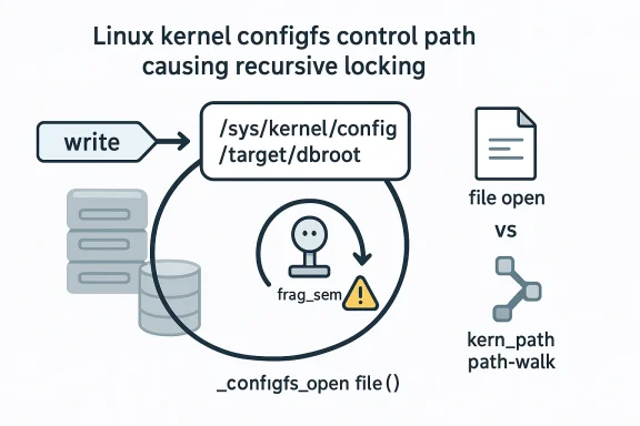 Illustration of Linux kernel config path recursive locking during _configfs_open_file() with frag_sem warning.