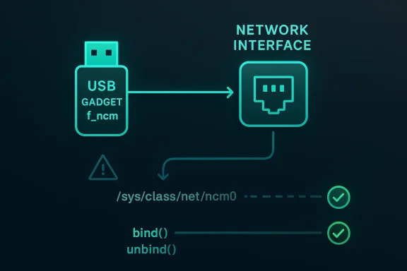 Illustration showing a USB gadget connecting to a network interface with configuration commands and status icons.