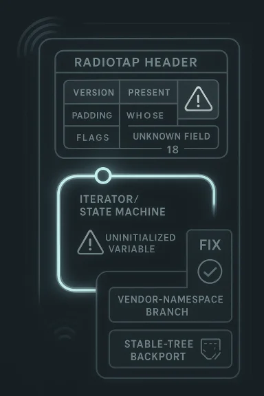 Futuristic UI showing a “Radiotap Header” diagram with an “Uninitialized variable” warning and a fix button.