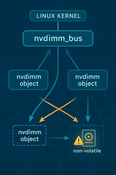Diagram showing Linux kernel communication between nvdi mm_bus, nvimm objects, and non-volatile storage.