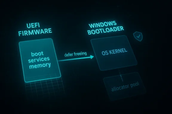 Cybersecurity-themed diagram showing UEFI firmware, boot services memory, and Windows bootloader flow.