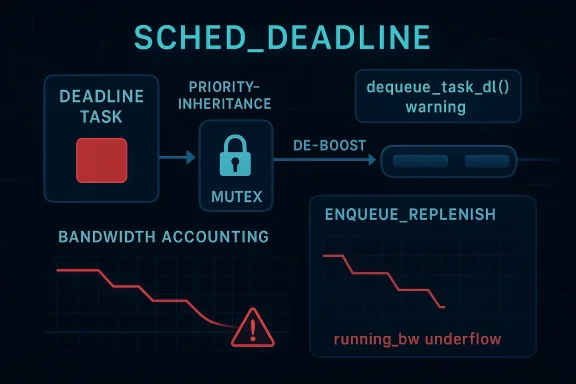 Schematic showing scheduled deadline handling, mutex/dequeue warning, and bandwidth underflow analytics graphs.