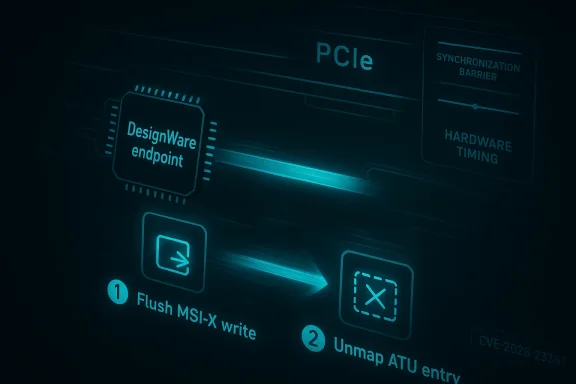 Neon diagram of a PCIe security flow showing DesignWare endpoint, flush write, and unmap ATU entry.