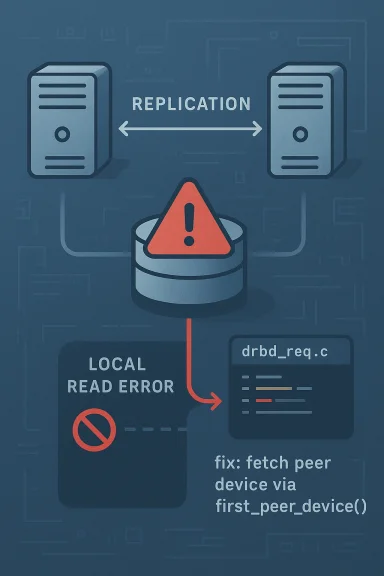 Diagram showing replication conflict and a local read error, with warning and fix suggestion.