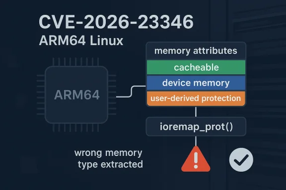 Illustration showing ARM64 Linux CVE-2026-23346 memory attributes with an error warning for wrong memory type extraction.