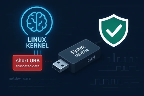 Illustration showing Linux kernel security with “short URB truncated data” warning and “fintek F91604 CAN” USB device.