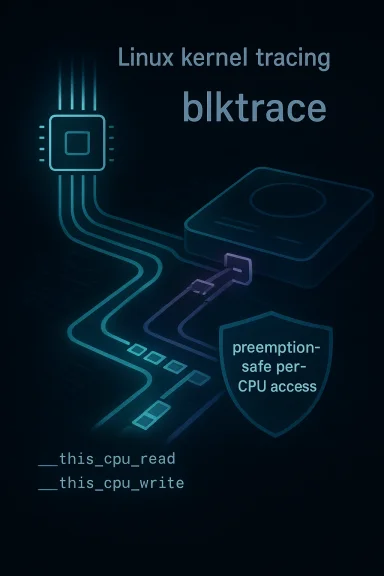 Abstract tech graphic showing “Linux kernel tracing blktrace” with CPU read/write and preemption-safe access.