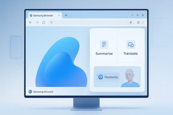 A Samsung Browser window shows “Summarize” and “Translate” features on a computer monitor.