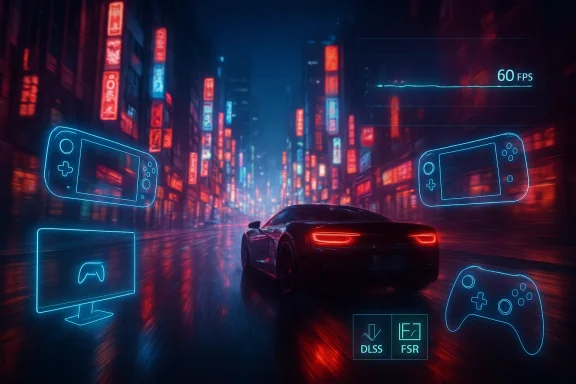 Neon cyberpunk city with a sports car and glowing game controller HUD showing 60 FPS.