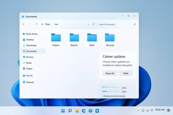 Windows File Explorer open on the Documents folder with a “Calmer updates” dialog and download progress.