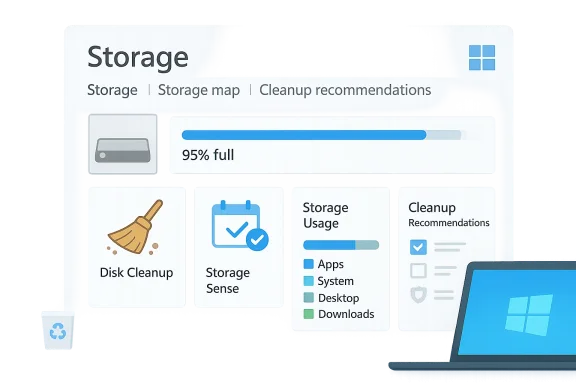 Digital dashboard showing storage status at 95% full with cleanup recommendations and system tiles.