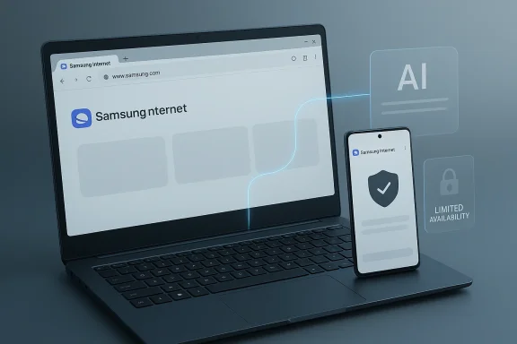 Laptop and smartphone display “Samsung Internet” with AI and limited availability security graphics.