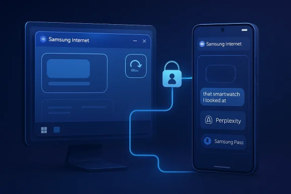 Two blue Samsung devices show an internet login flow, with a lock and user icon connecting to a phone screen.