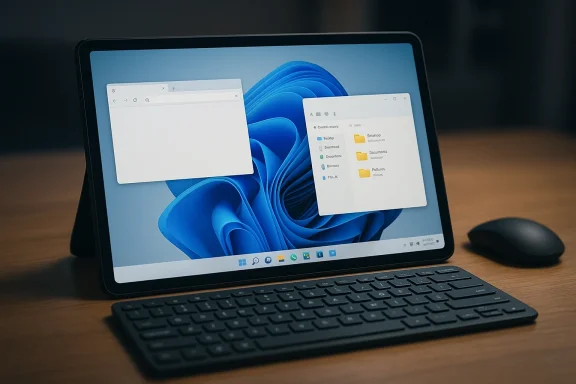 Laptop on a desk showing Windows 11 with overlapping browser and file window menus.