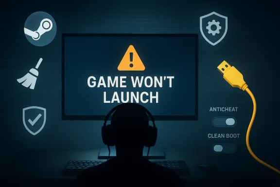 A gamer with headphones faces a warning screen reading “GAME WON’T LAUNCH” with anti-cheat and clean-boot icons.