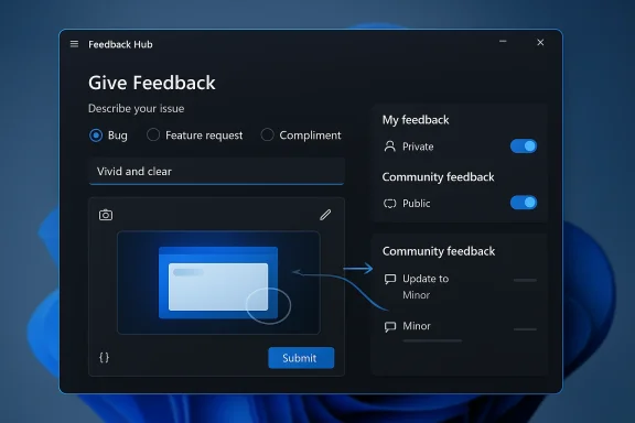Screenshot of a blue “Feedback Hub” form for submitting bug, feature, or compliment feedback.