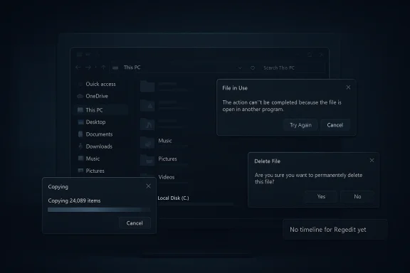 Windows file operations screen shows copying 24,089 items and prompts “File in Use” and “Delete File.”